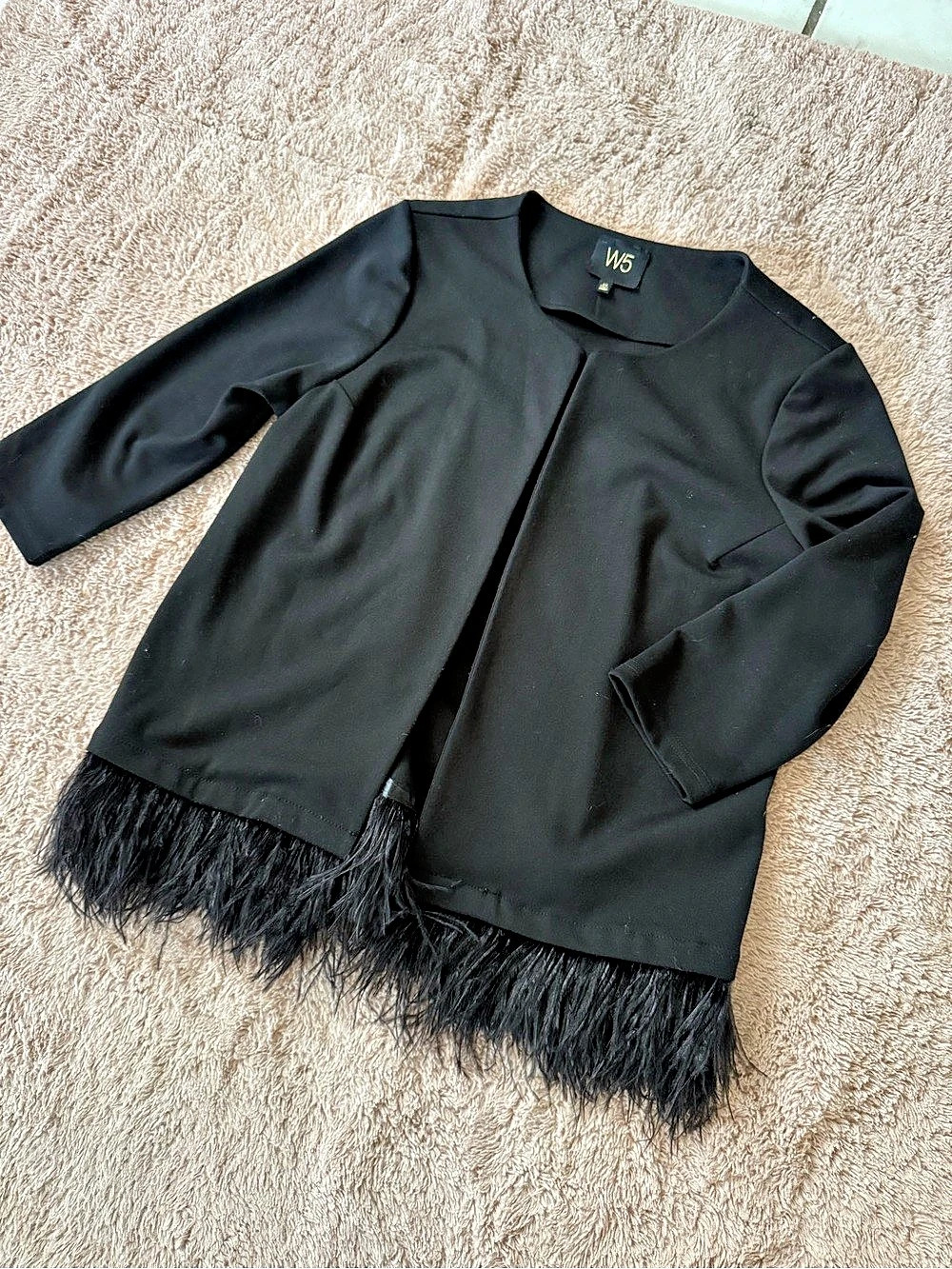 W5 Black Feather-Trim Jacket Size Medium